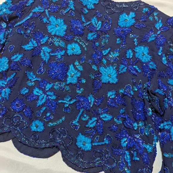 Vintage Frank Usher Blue 100% Silk Hand Beaded Blazer  Jacket Small Grandmacore - Picture 4 of 13